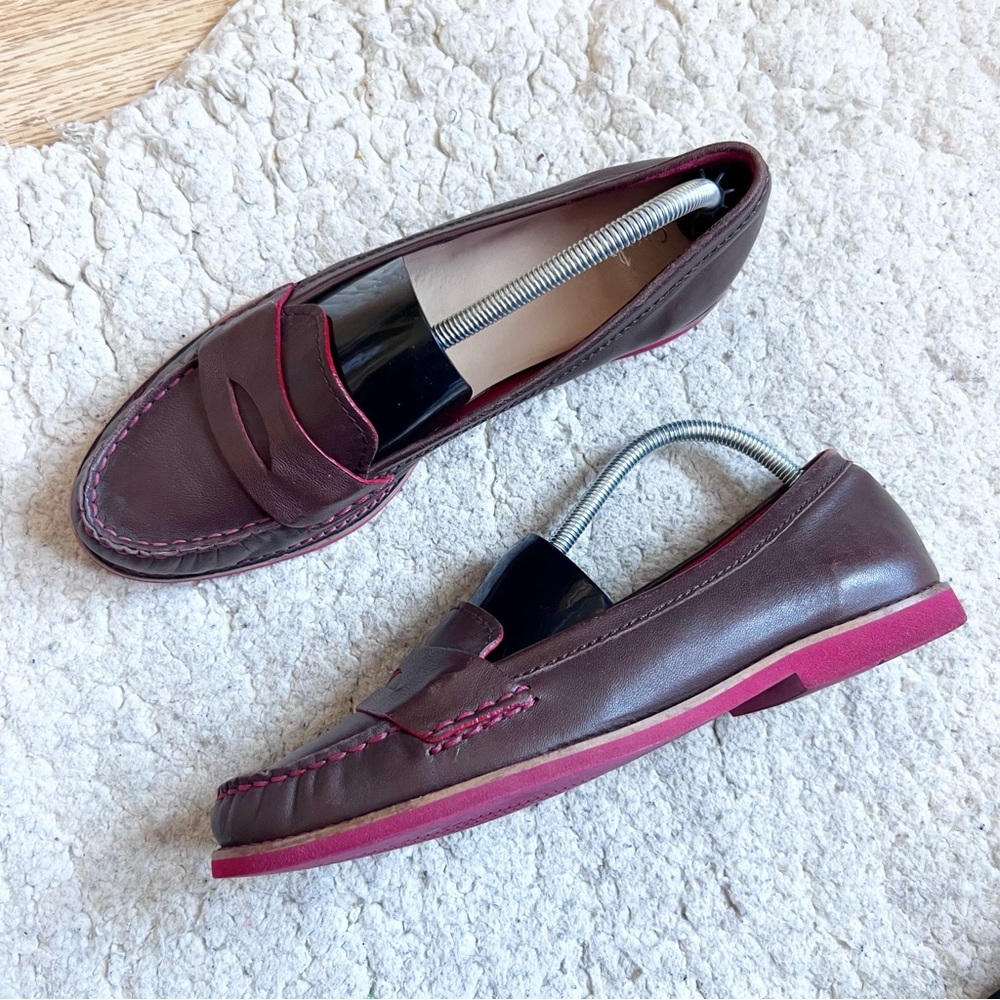 Cole Haan Dark Brown Leather Penny Loafers with Pink Sole Trim